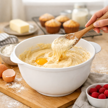 Preview: mixing bowl with cake batter in a cozy kitchen baking scene